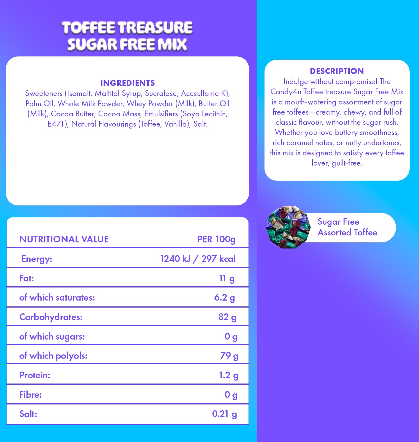 Toffee Treasure Sugar Free Mix Sugar Free Medium Pouch 300g